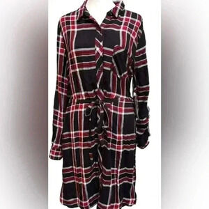 BLL NYC Women's Medium Red White Black Plaid SHIRT DRESS BELT Size Large
